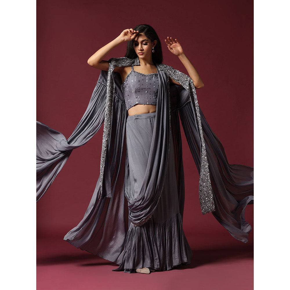 "Two Sisters" by Gyans Grey Cape & Draped Saree with Stitched Blouse