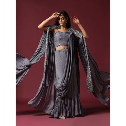 "Two Sisters" by Gyans Grey Cape & Draped Saree with Stitched Blouse