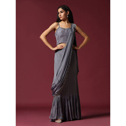 "Two Sisters" by Gyans Grey Cape & Draped Saree with Stitched Blouse