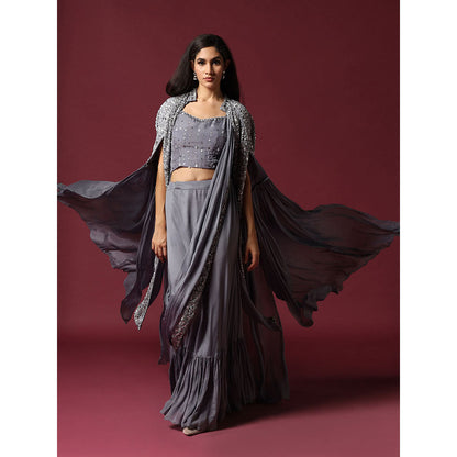 "Two Sisters" by Gyans Grey Cape & Draped Saree with Stitched Blouse