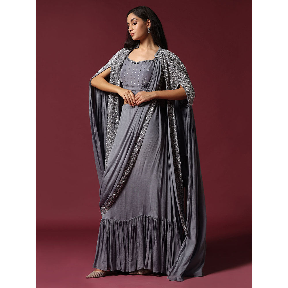 "Two Sisters" by Gyans Grey Cape & Draped Saree with Stitched Blouse