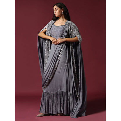 "Two Sisters" by Gyans Grey Cape & Draped Saree with Stitched Blouse