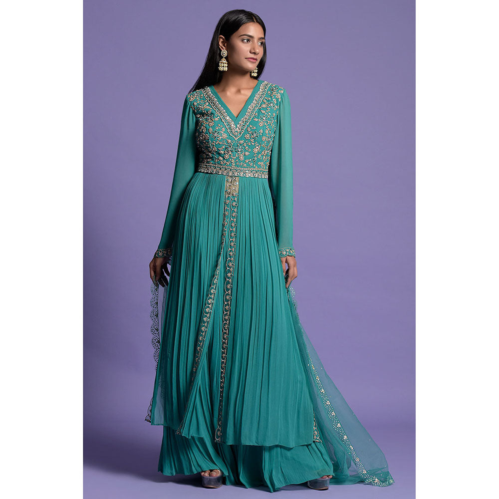 "Two Sisters" by Gyans Green And Silver Anarkali Kurta & Dupatta with Gharara (Set of 3)