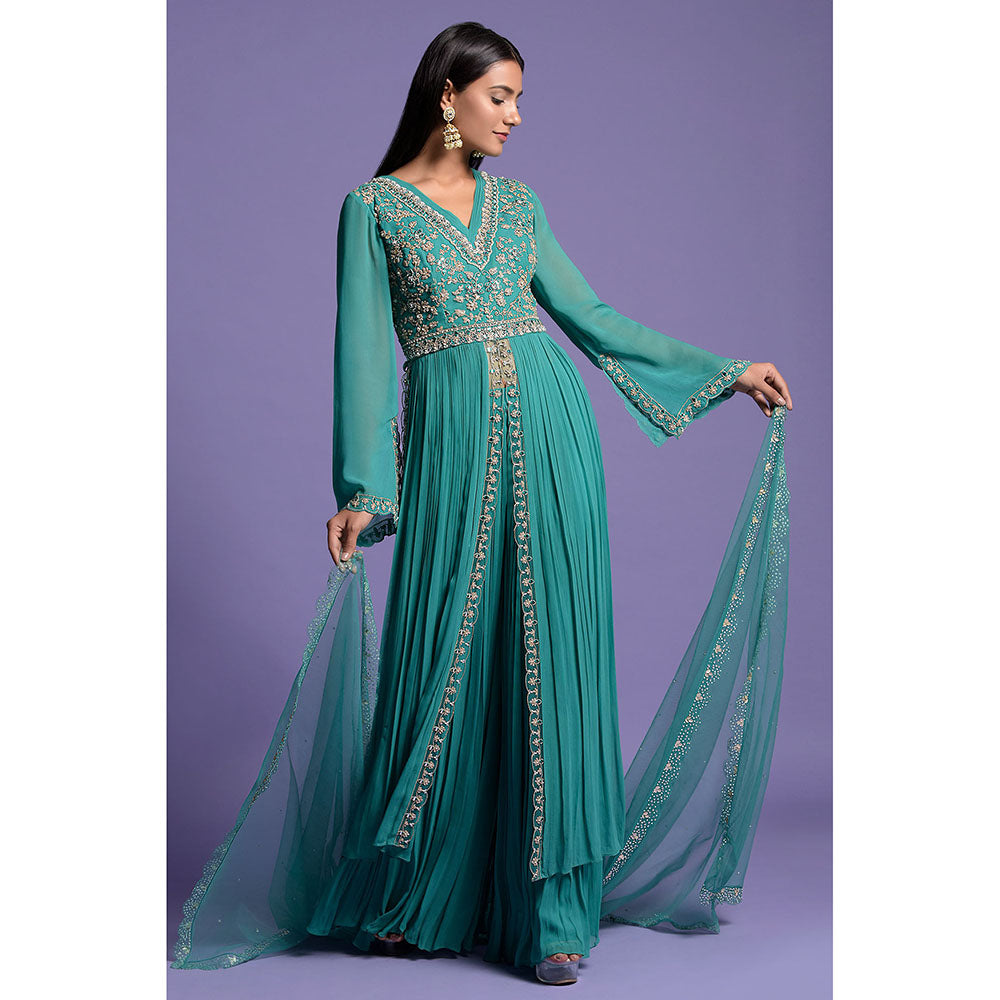 "Two Sisters" by Gyans Green And Silver Anarkali Kurta & Dupatta with Gharara (Set of 3)