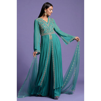 "Two Sisters" by Gyans Green And Silver Anarkali Kurta & Dupatta with Gharara (Set of 3)