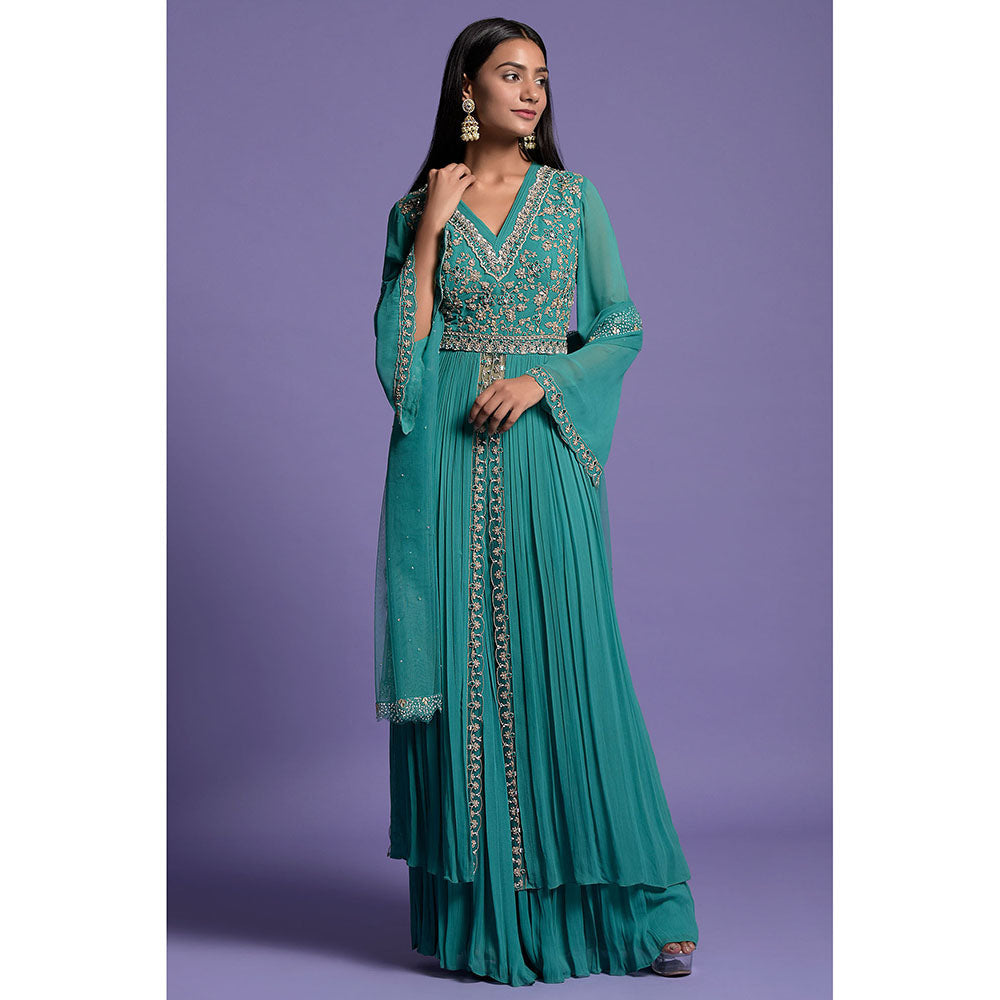 "Two Sisters" by Gyans Green And Silver Anarkali Kurta & Dupatta with Gharara (Set of 3)