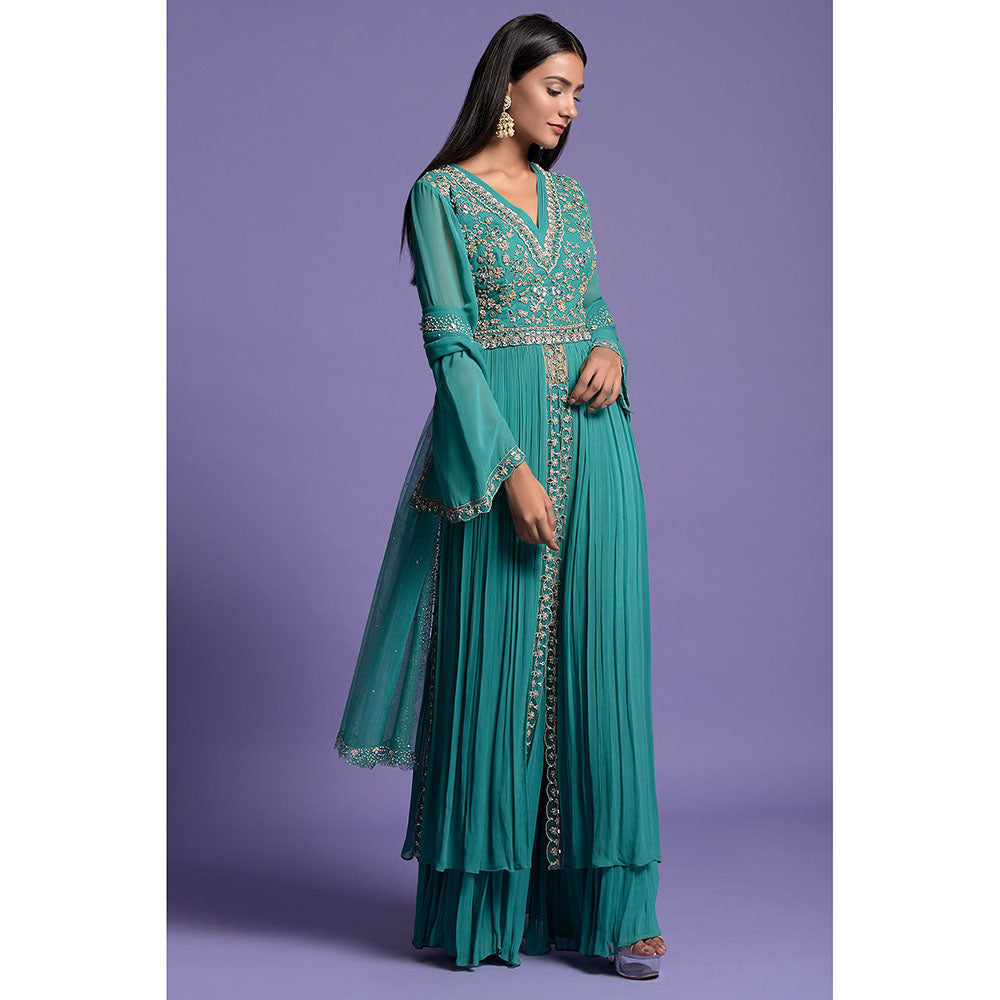 "Two Sisters" by Gyans Green And Silver Anarkali Kurta & Dupatta with Gharara (Set of 3)