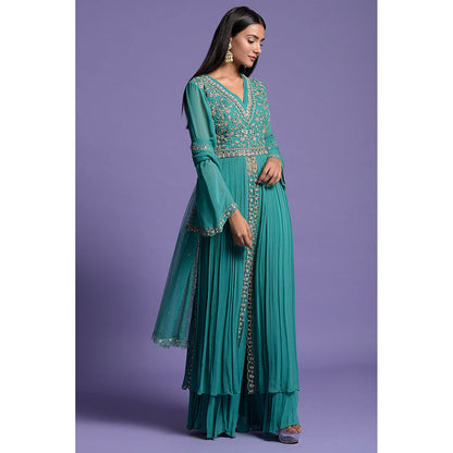 "Two Sisters" by Gyans Green And Silver Anarkali Kurta & Dupatta with Gharara (Set of 3)