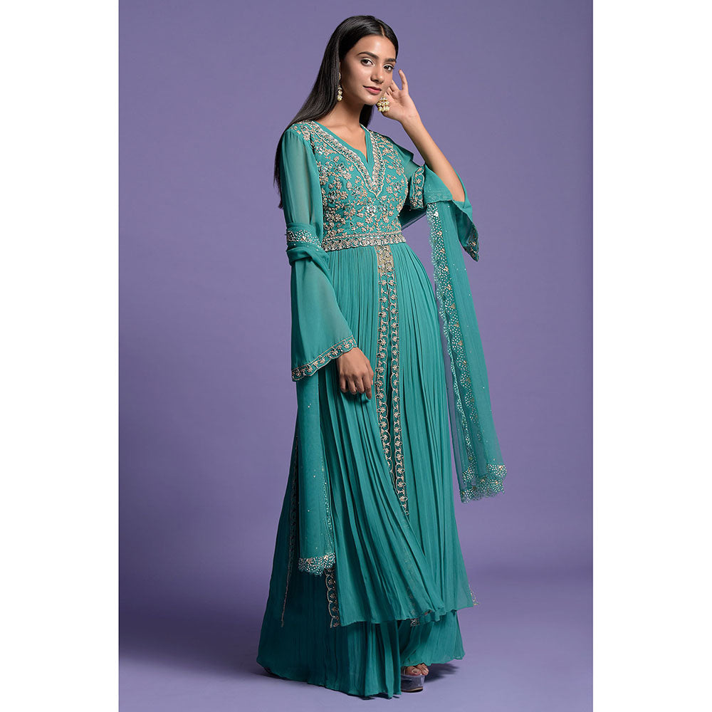 "Two Sisters" by Gyans Green And Silver Anarkali Kurta & Dupatta with Gharara (Set of 3)