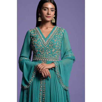 "Two Sisters" by Gyans Green And Silver Anarkali Kurta & Dupatta with Gharara (Set of 3)