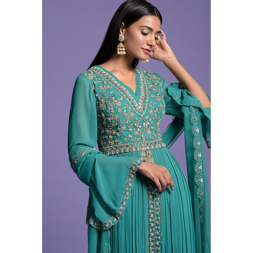 "Two Sisters" by Gyans Green And Silver Anarkali Kurta & Dupatta with Gharara (Set of 3)