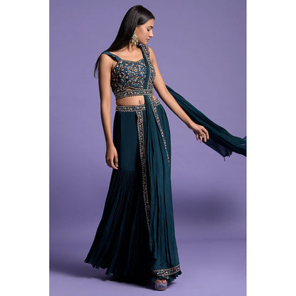 "Two Sisters" by Gyans Teal Blue Crop Top, Belt & Gharara with Attached Dupatta (Set of 3)