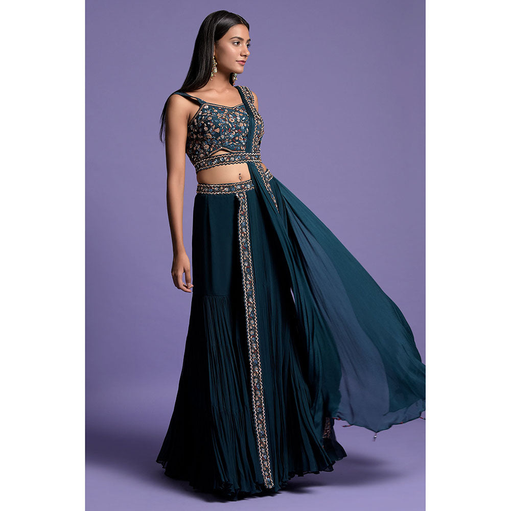 "Two Sisters" by Gyans Teal Blue Crop Top, Belt & Gharara with Attached Dupatta (Set of 3)