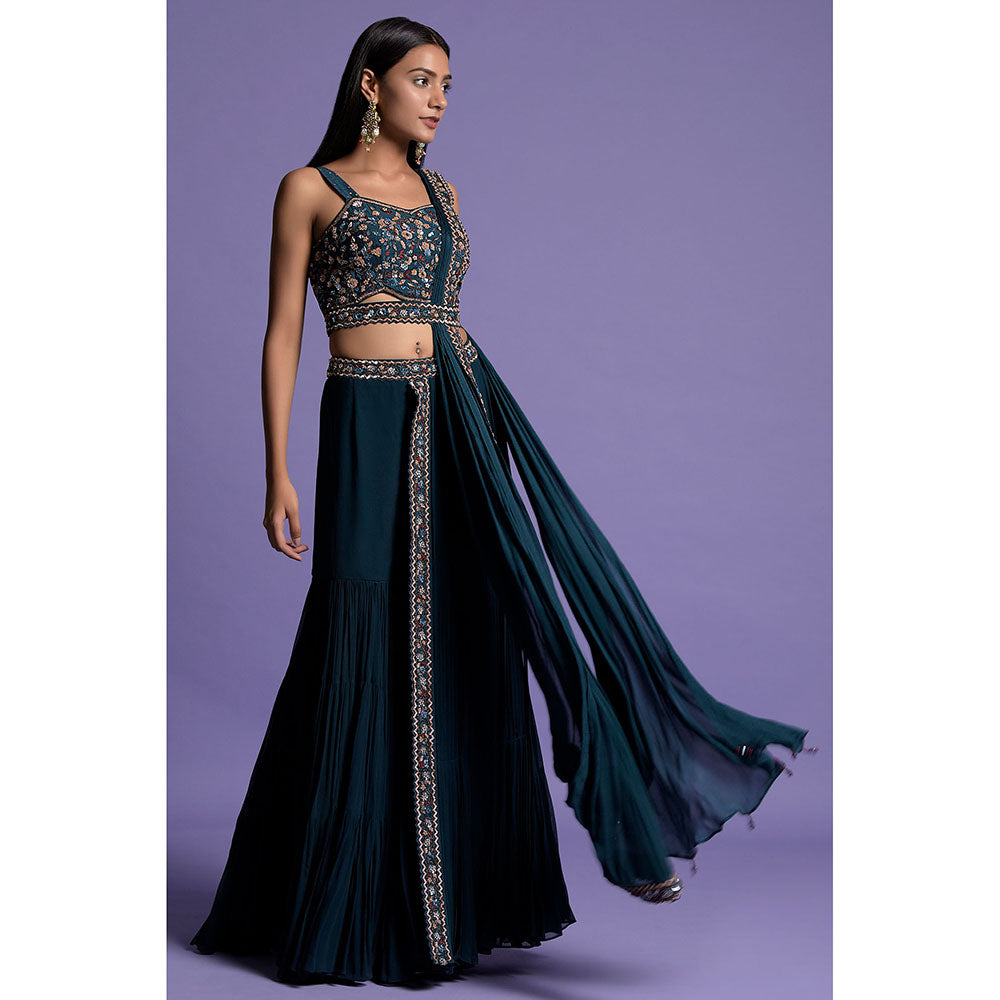 "Two Sisters" by Gyans Teal Blue Crop Top, Belt & Gharara with Attached Dupatta (Set of 3)