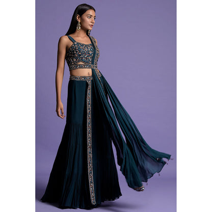"Two Sisters" by Gyans Teal Blue Crop Top, Belt & Gharara with Attached Dupatta (Set of 3)