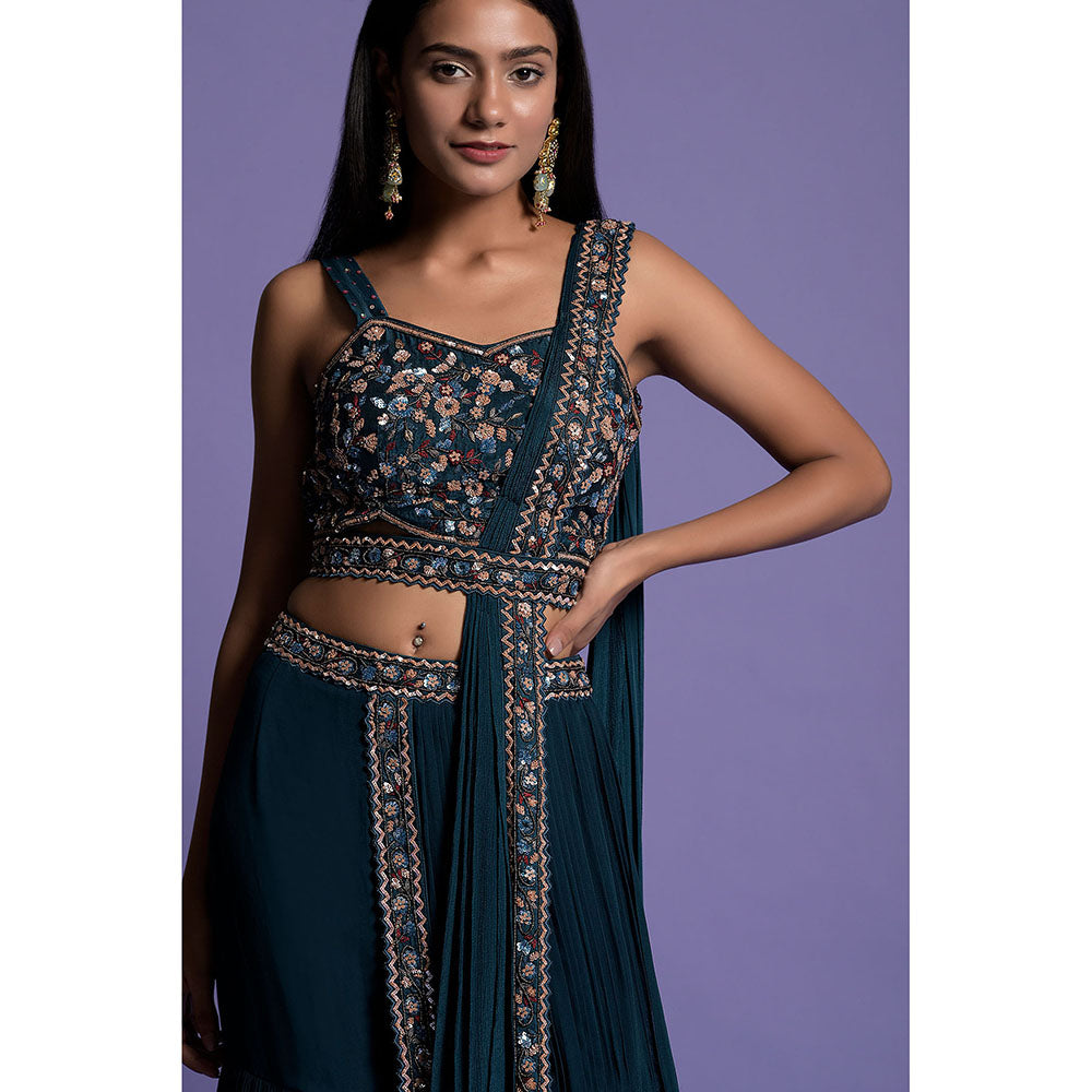 "Two Sisters" by Gyans Teal Blue Crop Top, Belt & Gharara with Attached Dupatta (Set of 3)