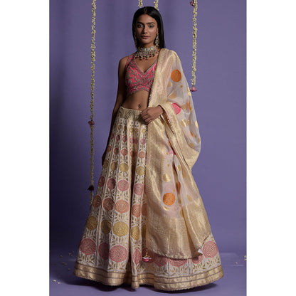 "Two Sisters" by Gyans Ivory Silk Banarasi Blouse & Lehenga with Dupatta (Set of 3)