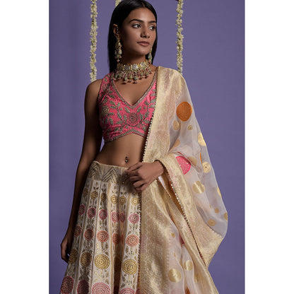 "Two Sisters" by Gyans Ivory Silk Banarasi Blouse & Lehenga with Dupatta (Set of 3)