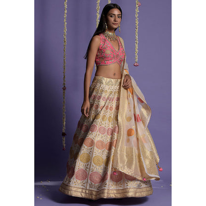 "Two Sisters" by Gyans Ivory Silk Banarasi Blouse & Lehenga with Dupatta (Set of 3)