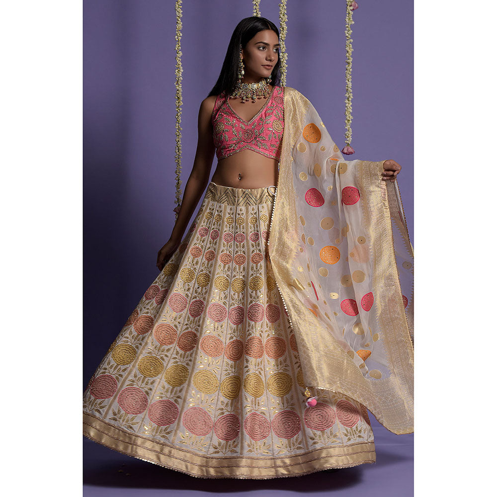 "Two Sisters" by Gyans Ivory Silk Banarasi Blouse & Lehenga with Dupatta (Set of 3)