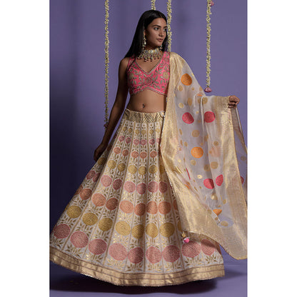 "Two Sisters" by Gyans Ivory Silk Banarasi Blouse & Lehenga with Dupatta (Set of 3)