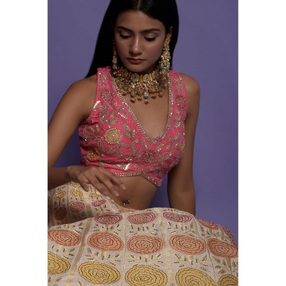 "Two Sisters" by Gyans Ivory Silk Banarasi Blouse & Lehenga with Dupatta (Set of 3)