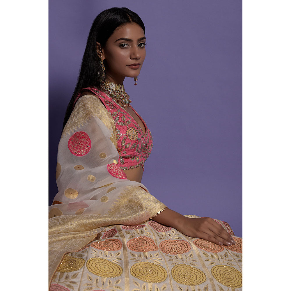 "Two Sisters" by Gyans Ivory Silk Banarasi Blouse & Lehenga with Dupatta (Set of 3)