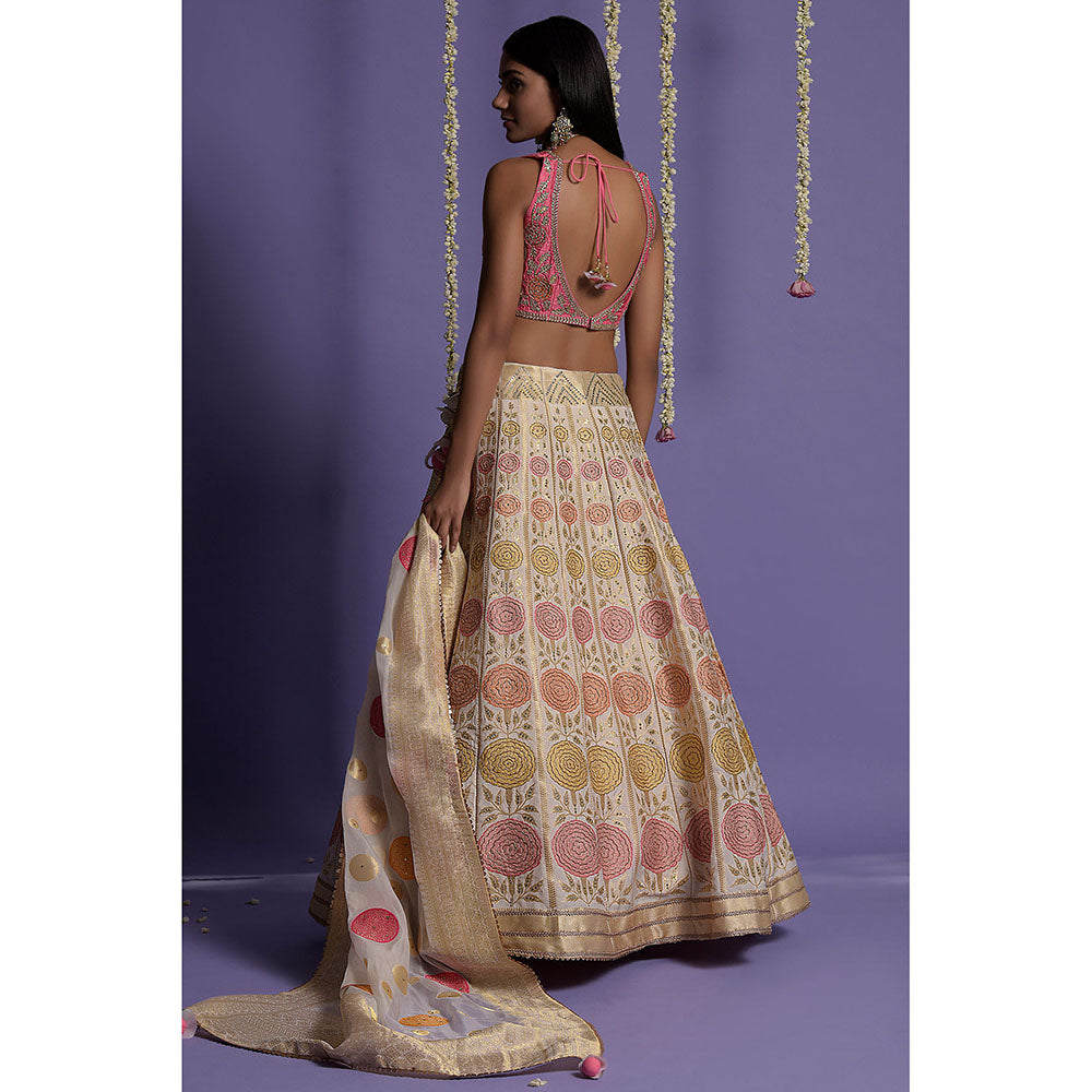 "Two Sisters" by Gyans Ivory Silk Banarasi Blouse & Lehenga with Dupatta (Set of 3)