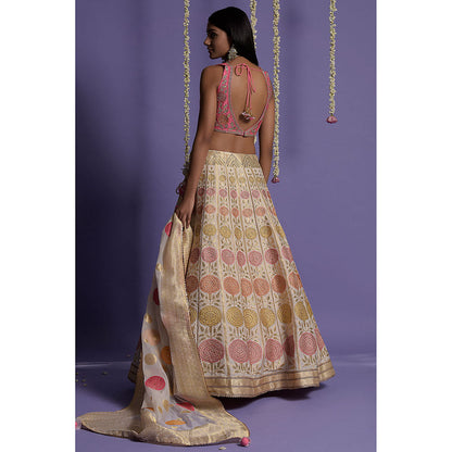 "Two Sisters" by Gyans Ivory Silk Banarasi Blouse & Lehenga with Dupatta (Set of 3)