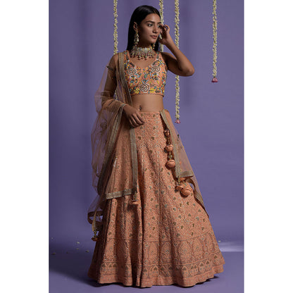 "Two Sisters" by Gyans Dusky Peach Embroidered Blouse & Lehenga with Dupatta (Set of 3)