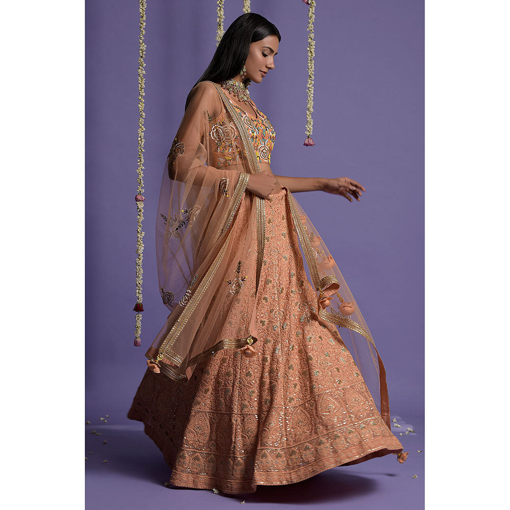 "Two Sisters" by Gyans Dusky Peach Embroidered Blouse & Lehenga with Dupatta (Set of 3)