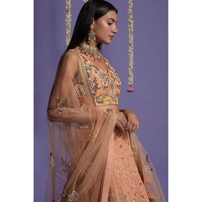 "Two Sisters" by Gyans Dusky Peach Embroidered Blouse & Lehenga with Dupatta (Set of 3)