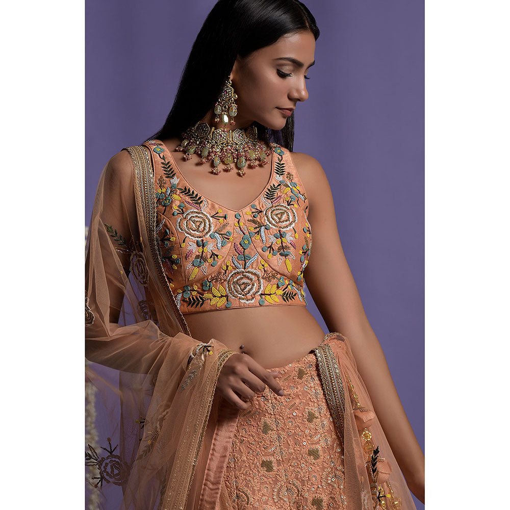 "Two Sisters" by Gyans Dusky Peach Embroidered Blouse & Lehenga with Dupatta (Set of 3)