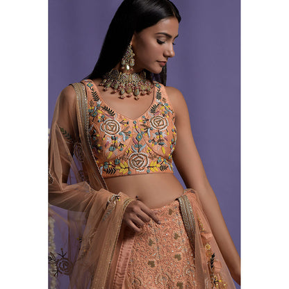 "Two Sisters" by Gyans Dusky Peach Embroidered Blouse & Lehenga with Dupatta (Set of 3)