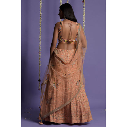 "Two Sisters" by Gyans Dusky Peach Embroidered Blouse & Lehenga with Dupatta (Set of 3)