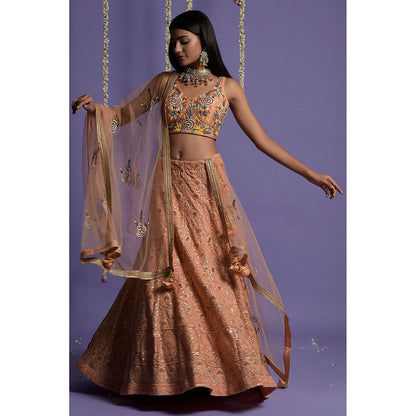 "Two Sisters" by Gyans Dusky Peach Embroidered Blouse & Lehenga with Dupatta (Set of 3)