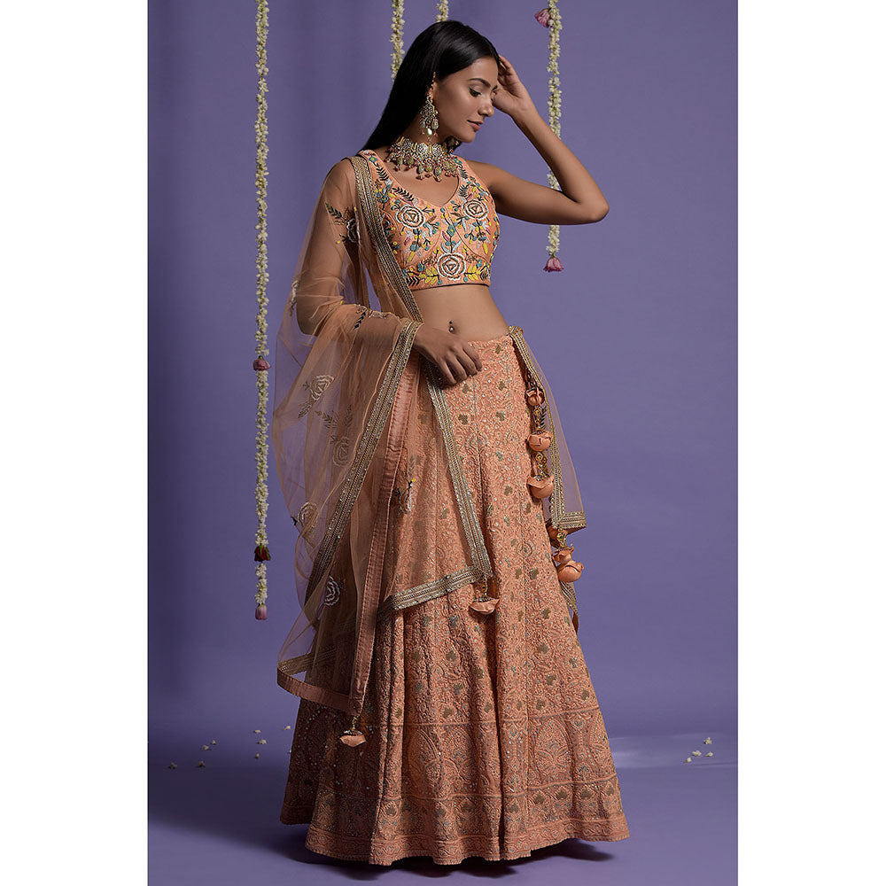"Two Sisters" by Gyans Dusky Peach Embroidered Blouse & Lehenga with Dupatta (Set of 3)