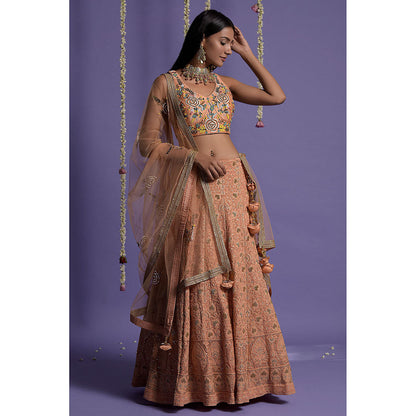 "Two Sisters" by Gyans Dusky Peach Embroidered Blouse & Lehenga with Dupatta (Set of 3)