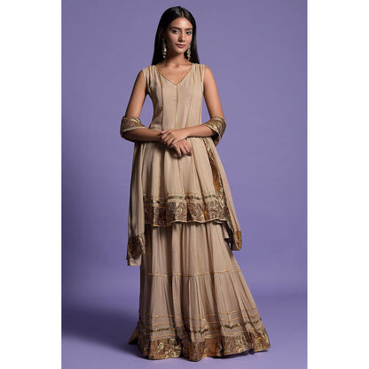 "Two Sisters" by Gyans Rich Beige Georgette Anarkali Kurti with Sharara & Dupatta (Set of 3)