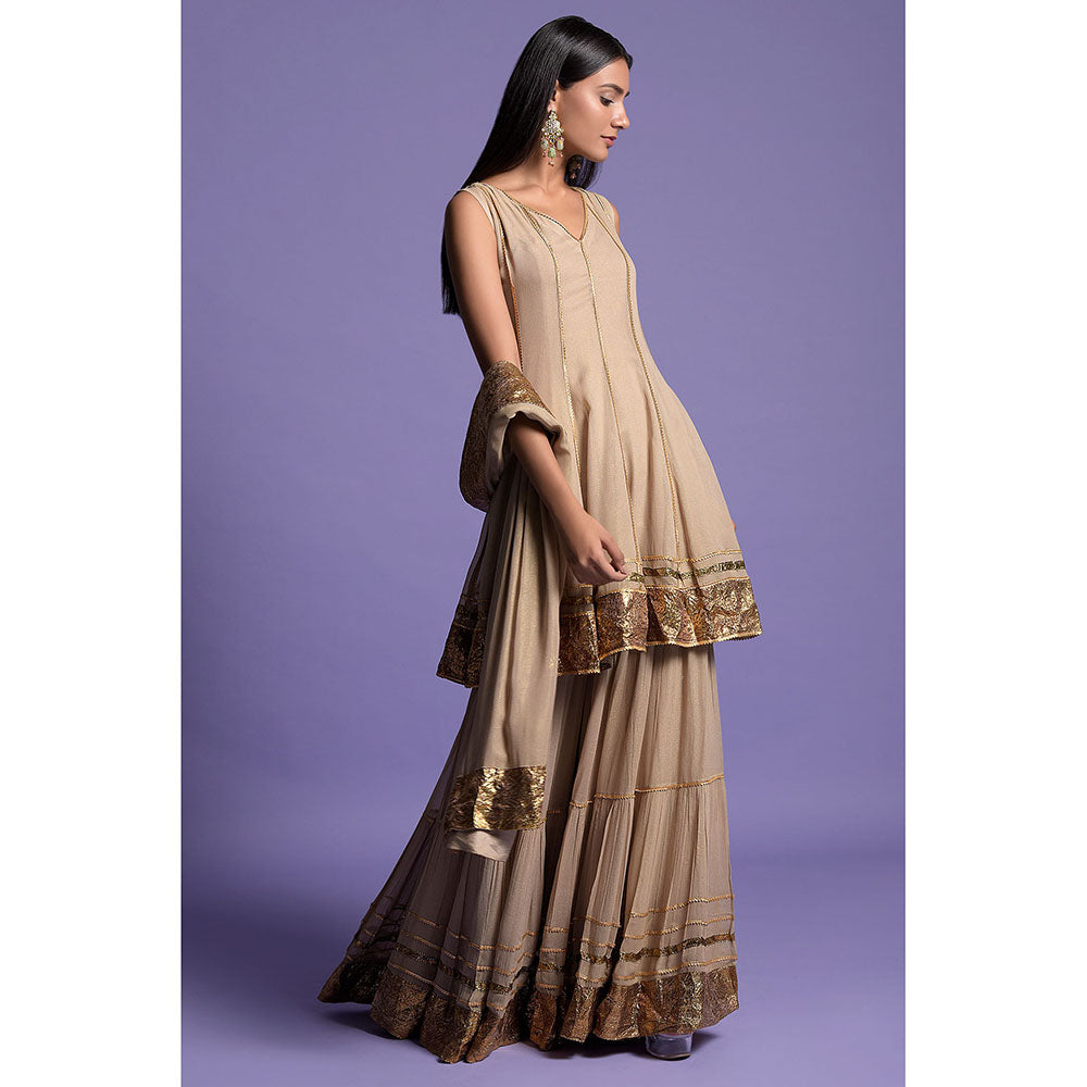 "Two Sisters" by Gyans Rich Beige Georgette Anarkali Kurti with Sharara & Dupatta (Set of 3)