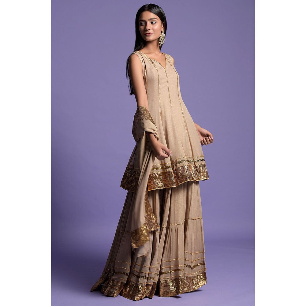 "Two Sisters" by Gyans Rich Beige Georgette Anarkali Kurti with Sharara & Dupatta (Set of 3)
