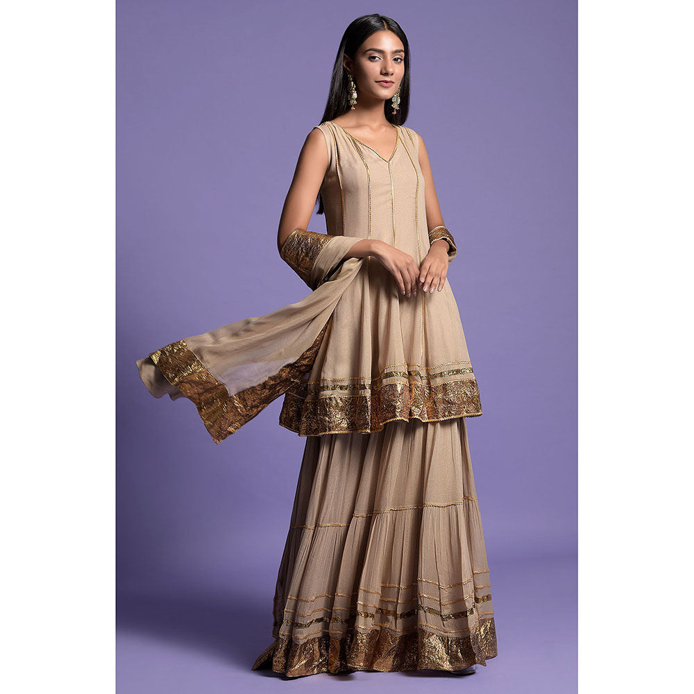 "Two Sisters" by Gyans Rich Beige Georgette Anarkali Kurti with Sharara & Dupatta (Set of 3)