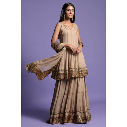 "Two Sisters" by Gyans Rich Beige Georgette Anarkali Kurti with Sharara & Dupatta (Set of 3)