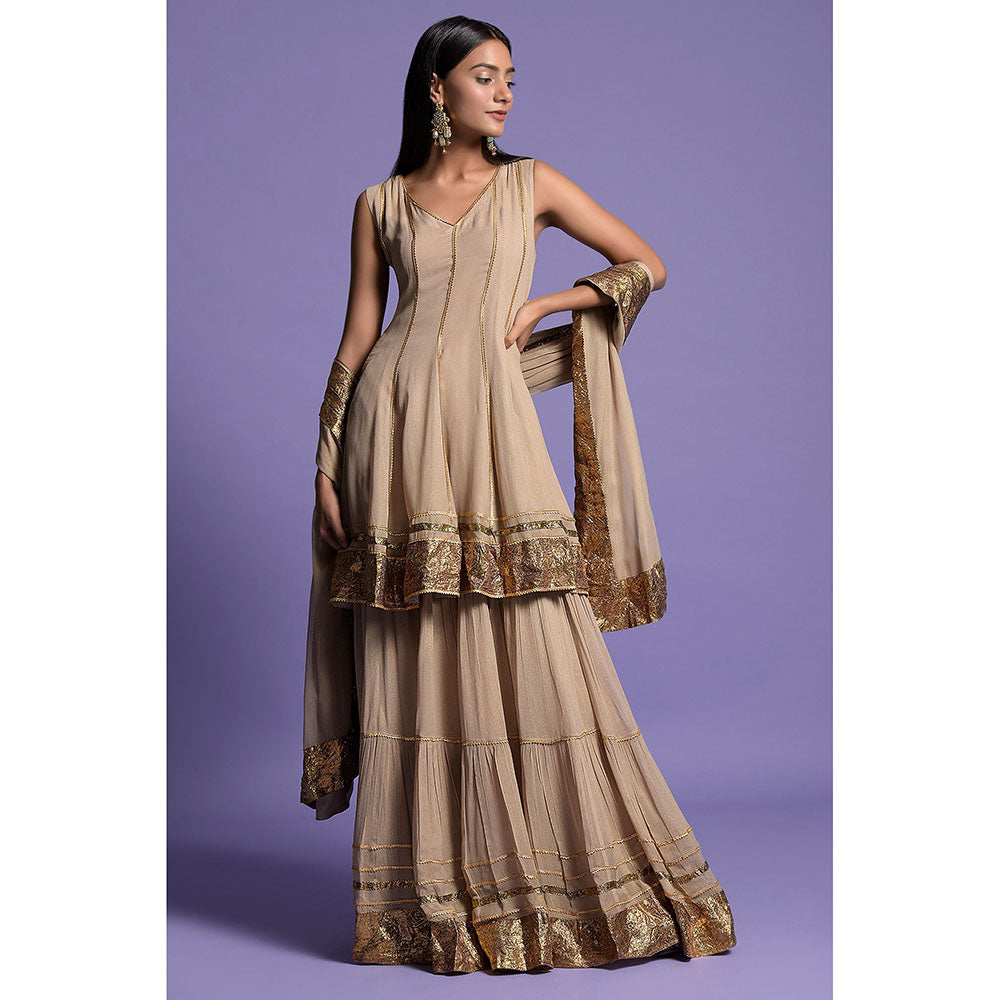 "Two Sisters" by Gyans Rich Beige Georgette Anarkali Kurti with Sharara & Dupatta (Set of 3)