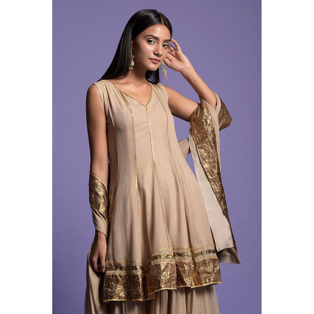 "Two Sisters" by Gyans Rich Beige Georgette Anarkali Kurti with Sharara & Dupatta (Set of 3)