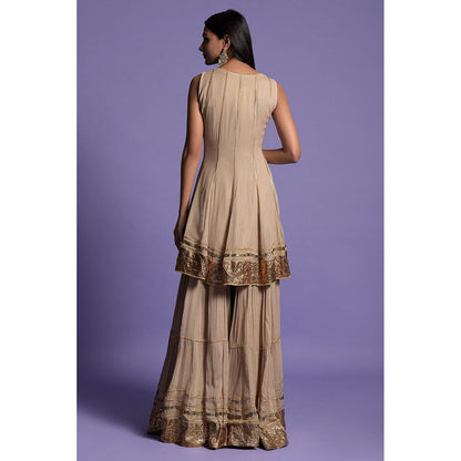 "Two Sisters" by Gyans Rich Beige Georgette Anarkali Kurti with Sharara & Dupatta (Set of 3)