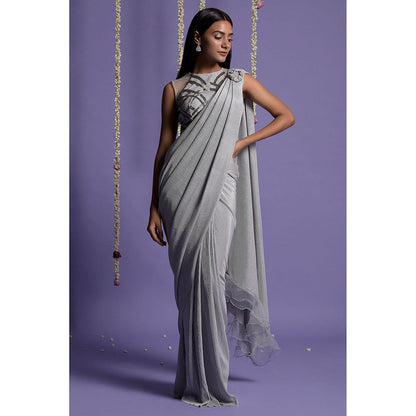 "Two Sisters" by Gyans Grey And Silver Stitched Blouse with Pre-Draped Saree