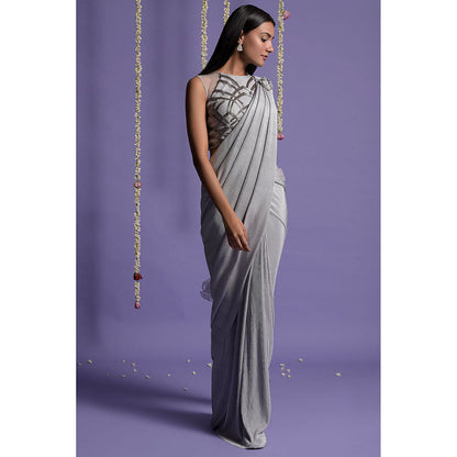 "Two Sisters" by Gyans Grey And Silver Stitched Blouse with Pre-Draped Saree