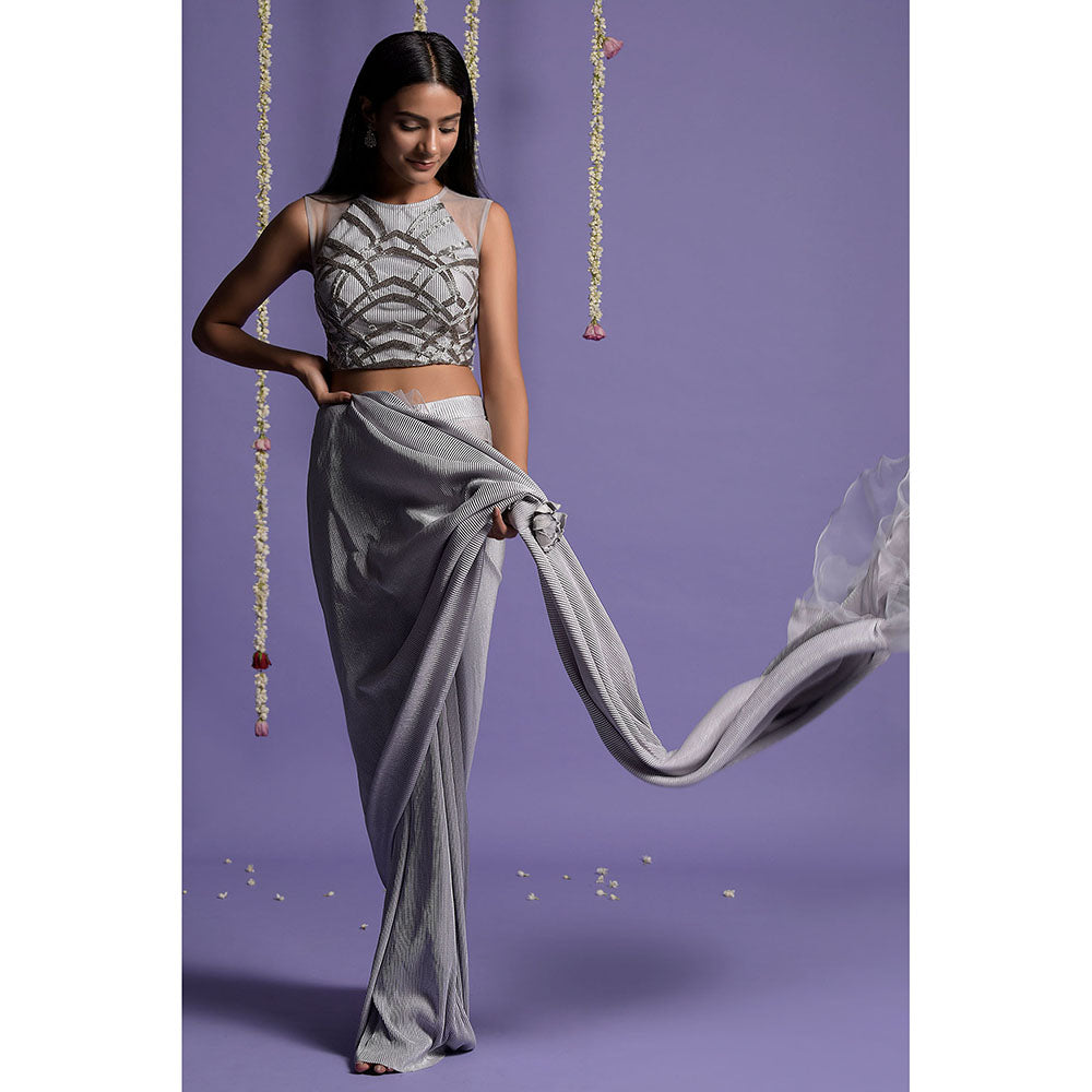 "Two Sisters" by Gyans Grey And Silver Stitched Blouse with Pre-Draped Saree