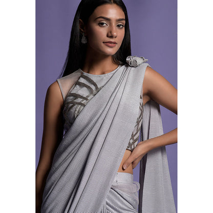 "Two Sisters" by Gyans Grey And Silver Stitched Blouse with Pre-Draped Saree